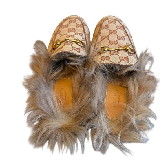 Gucci Beige GG Monogram Canvas Fur Lined Princetown Horsebit Mules EU 38 US 8 - Picture 4 of 12